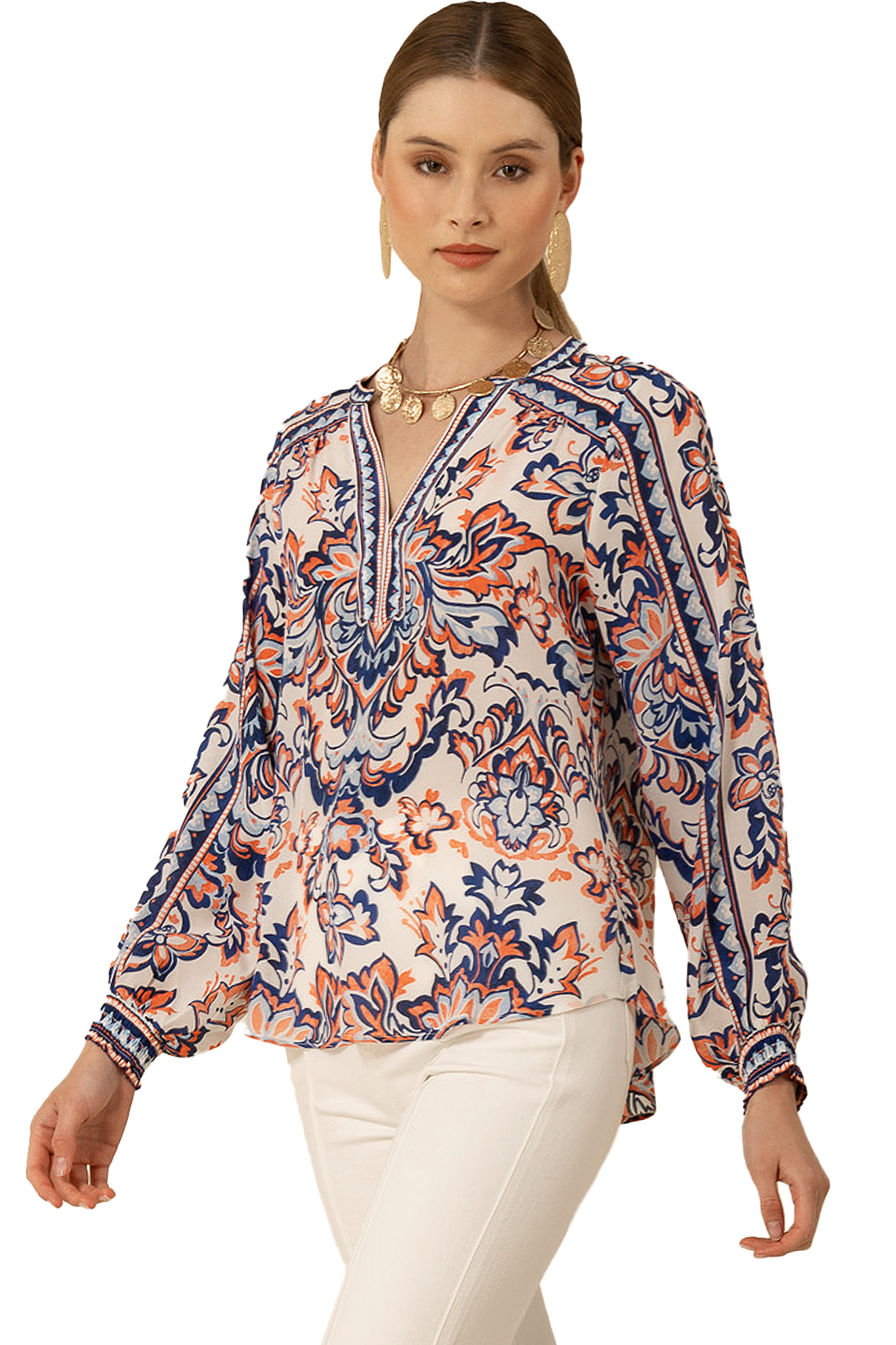 Stylish printed blouse with unique pattern and contemporary design, perfect for both casual and professional settings