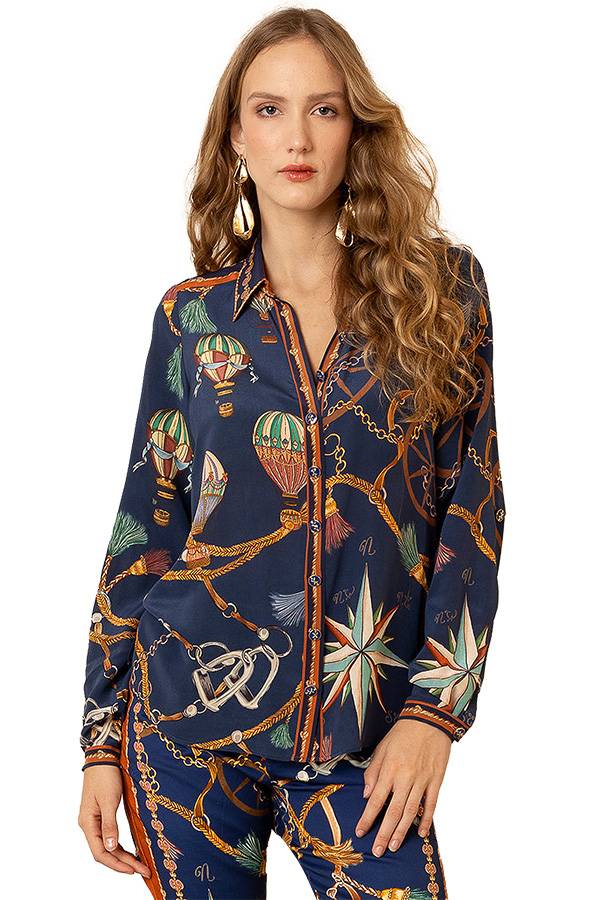 Elegant long sleeve silk blend blouse with delicate ruffles and sophisticated styling